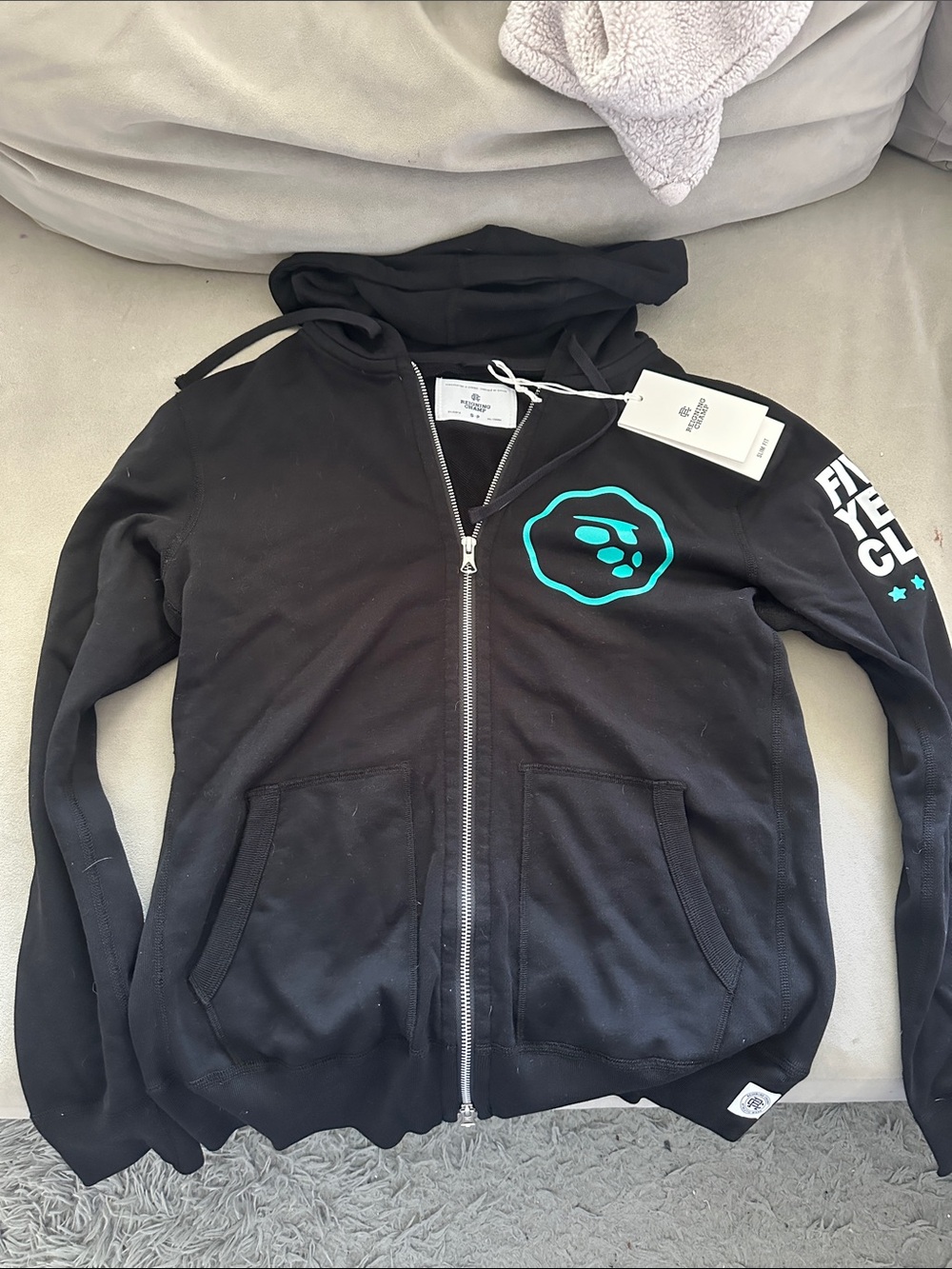 Reigning Champ Black Zip Hoodie with Teal Logo